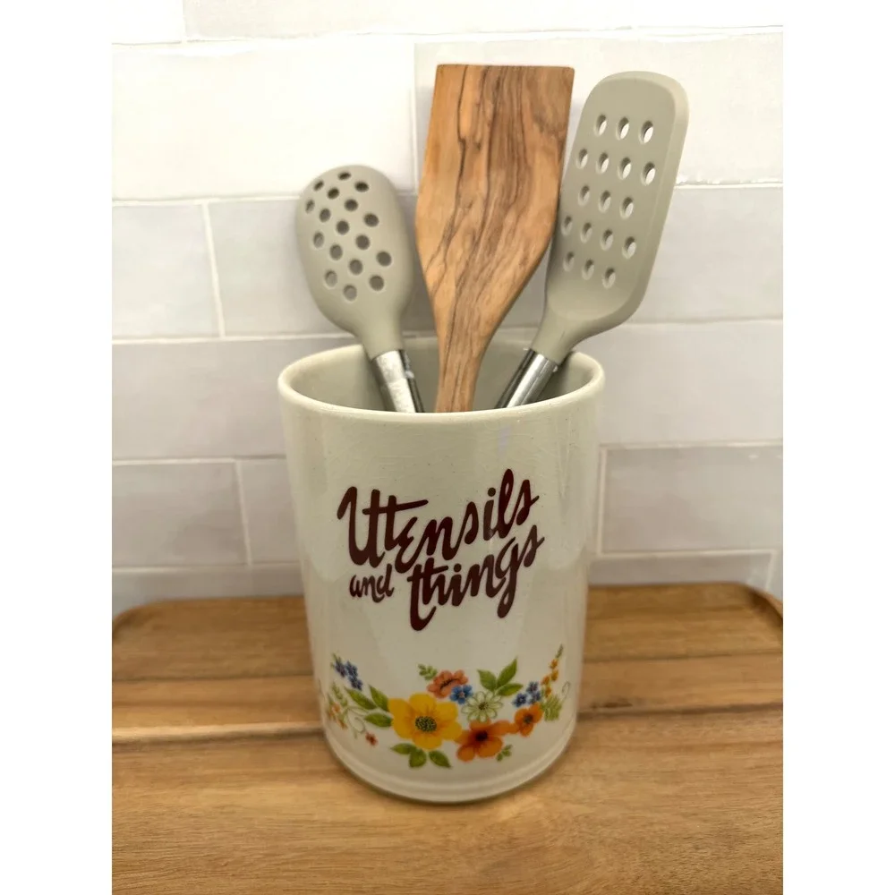 Vintage Sweet Flowers Bake Serve n Store‎ Stoneware Utensil Holder Floral Japan